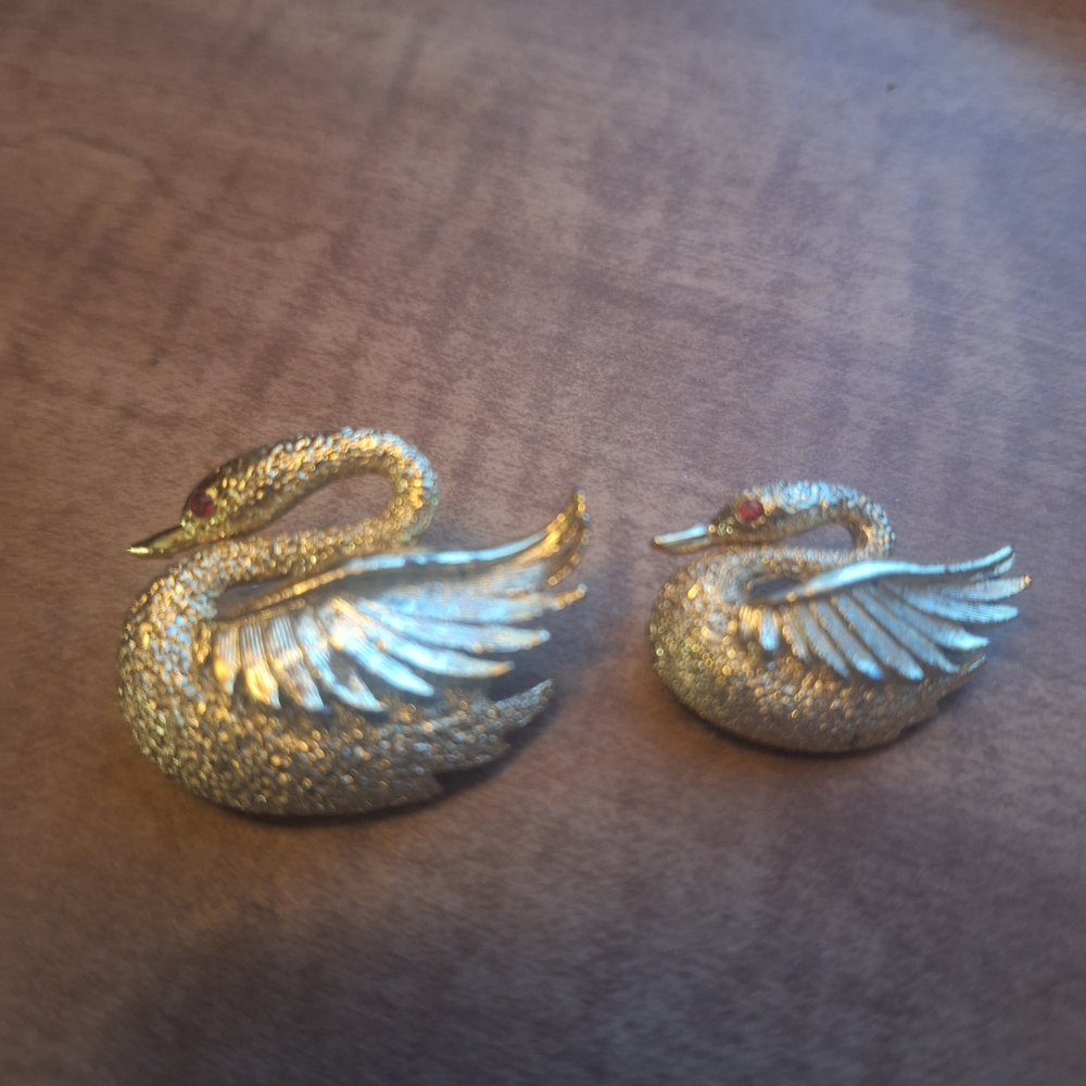 Elegant Silver Swan Brooch Set